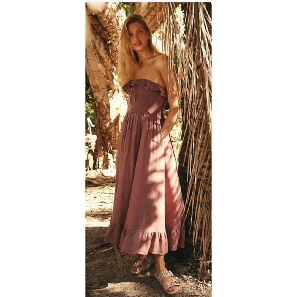 Free People Women's Lush Life Linen Strapless Midi Dress In Antique Oak Size XS